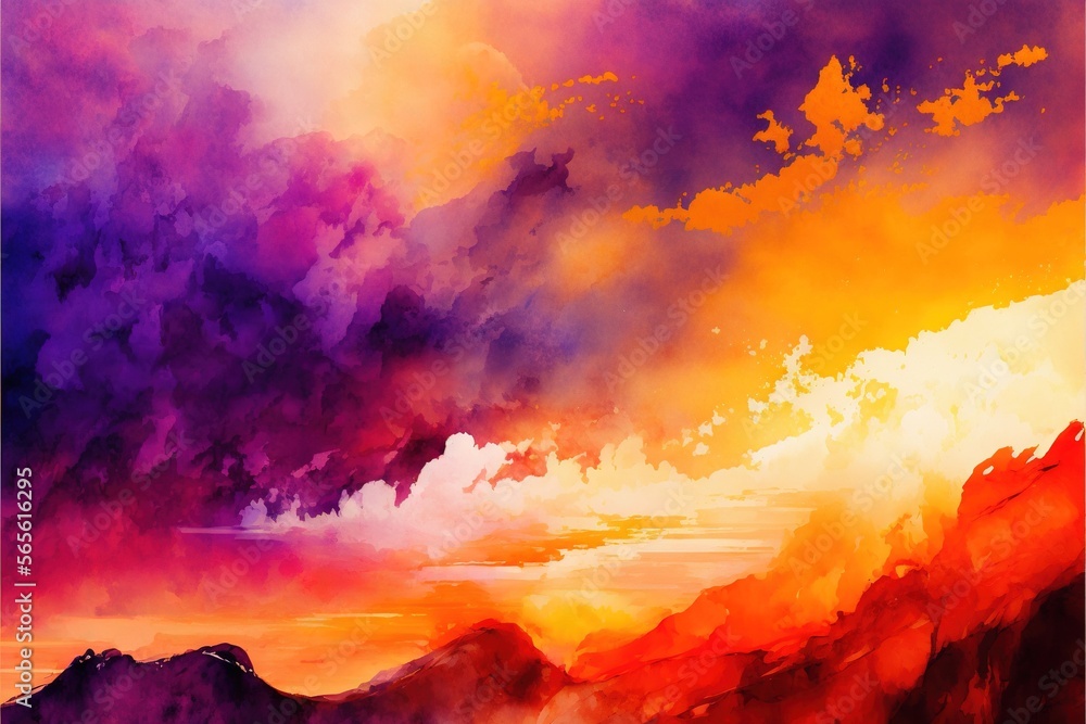 Aufkleber a painting of a colorful sky with clouds and mountains in the background and a red and yellow sky wi
