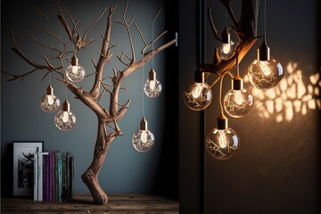modern interior wooden furniture and design lamp branch and bulbs