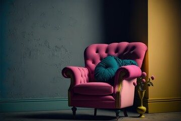 Colorful interior with a pink armchair on empty dark wall background