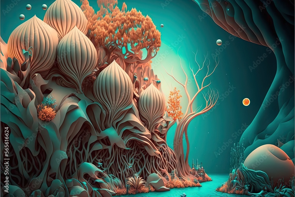 Poster a painting of a underwater scene with corals and trees on the water and a coral reef in the backgrou