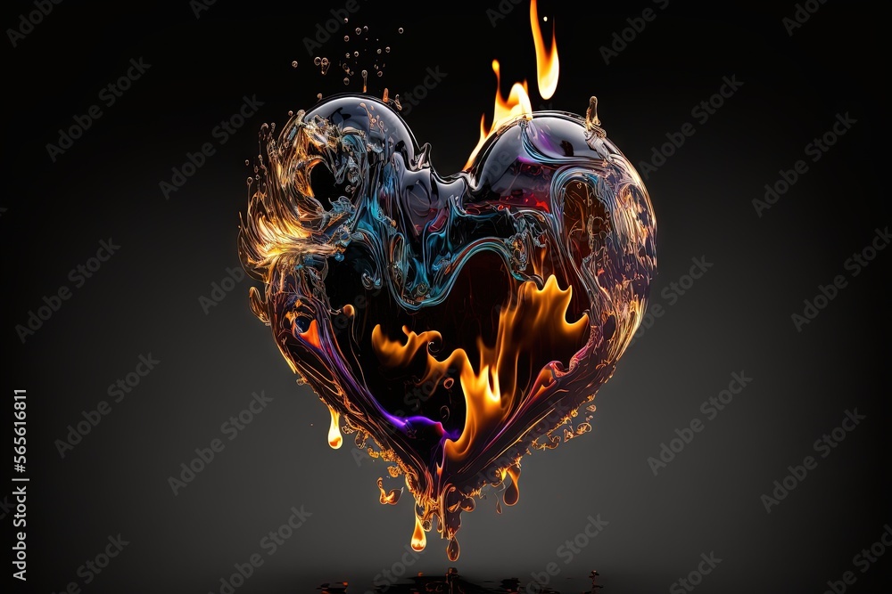 Aufkleber a heart shaped object with fire and water on a black background with a reflection of fire and water 