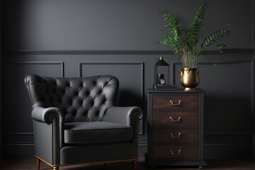 Modern luxury dark living room interior background with grey armchair and wooden chest drawer, dark room interior mock up, black empty wall mockup, vintage living room mockup