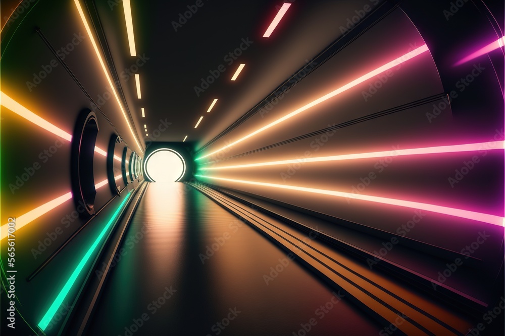 Poster a tunnel with neon lights and a bright light at the end of it is a tunnel with a bright light at the