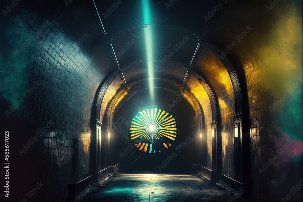 Poster a tunnel with a bright light coming from the end of it and a bright light coming from the end of the