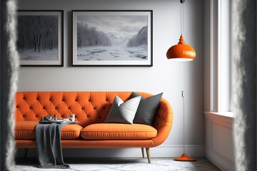 Orange lamp above grey scandinavian sofa in modern interior