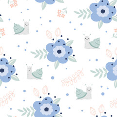 vector seamless pattern with flowers and snail