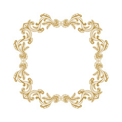 Hand Drawn Vintage damask ornamental elements for design. Baroque frame scroll ornament. Golden Elegant abstract floral pattern border in antique style. Decorative foliage swirl edging.