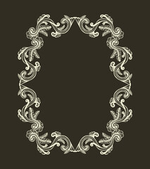 Hand Drawn Vintage damask ornamental elements for design. Baroque frame scroll ornament. Elegant abstract floral pattern border in antique style. Decorative foliage swirl edging.