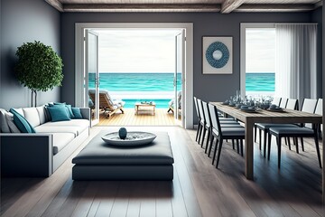 Sea view dining and living room of luxury summer beach house with swimming pool near wooden terrace. Big gray sofa in vacation home or holiday villa. Hotel interior - obrazy, fototapety, plakaty