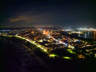 An aerial view of the ports of Harwich and Felixstowe at night in the UK