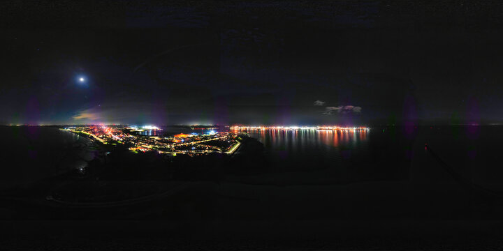 A 360 image of the ports of Harwich and Felixstowe at night in the UK