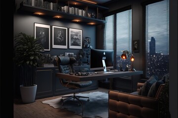 stylish luxury home office interior in an ultramodern brutal apartment in dark colors and cool led lighting