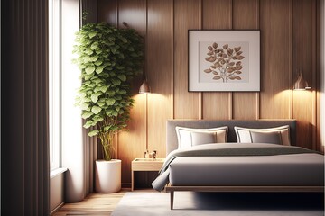 Luxurious design hotel bedroom with wood on the wall, a Korean planter in light colors