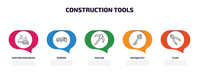 construction tools infographic element with outline icons and 5 step or option. construction tools icons such as dustpan and brush, dumper, pick axe, antique key, plier vector.