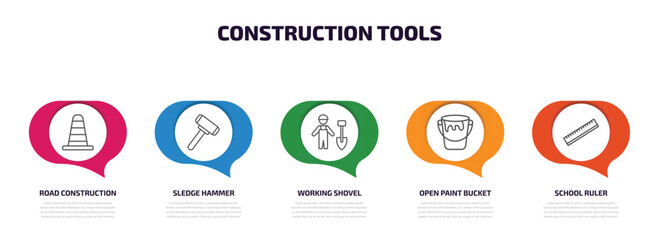 construction tools infographic element with outline icons and 5 step or option. construction tools icons such as road construction, sledge hammer, working shovel, open paint bucket, school ruler