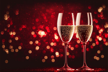 Two Champagne Glasses on Sparkling Red Bokeh Background