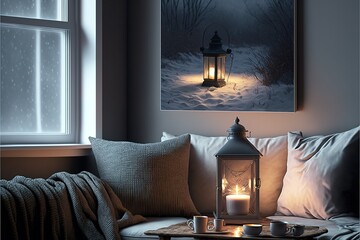 Warm and Cozy Winter Hygge Interior. Lantern, Candle Light, and a Mug of Tea at the Sofa by the Winter Window with Snowy Forest Landscape