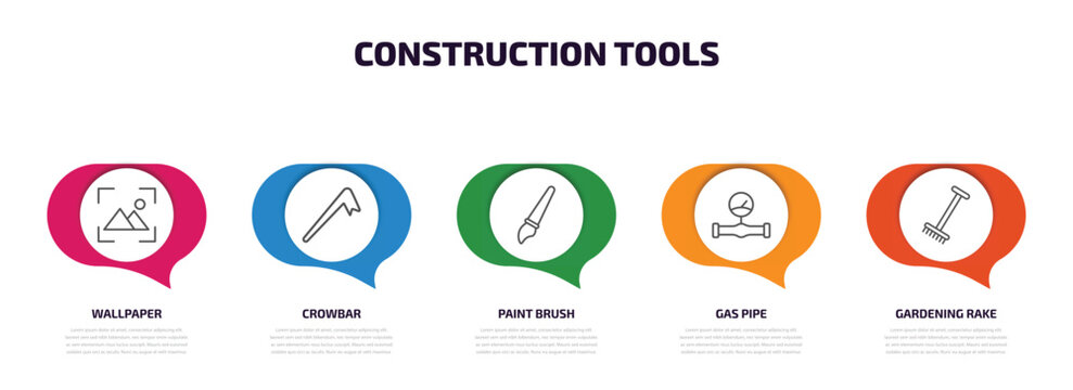 construction tools infographic element with outline icons and 5 step or option. construction tools icons such as wallpaper, crowbar, paint brush, gas pipe, gardening rake vector.