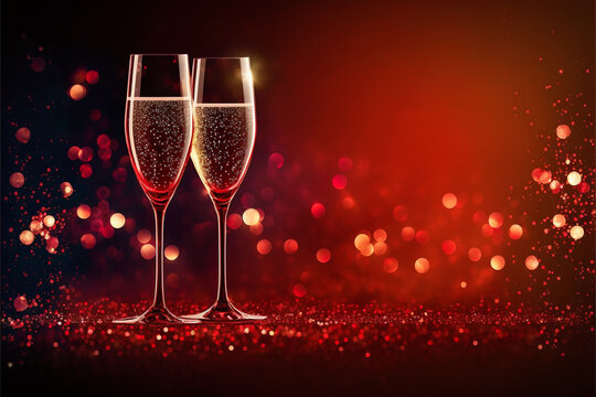 Two Champagne Glasses on Sparkling Red Bokeh Background
