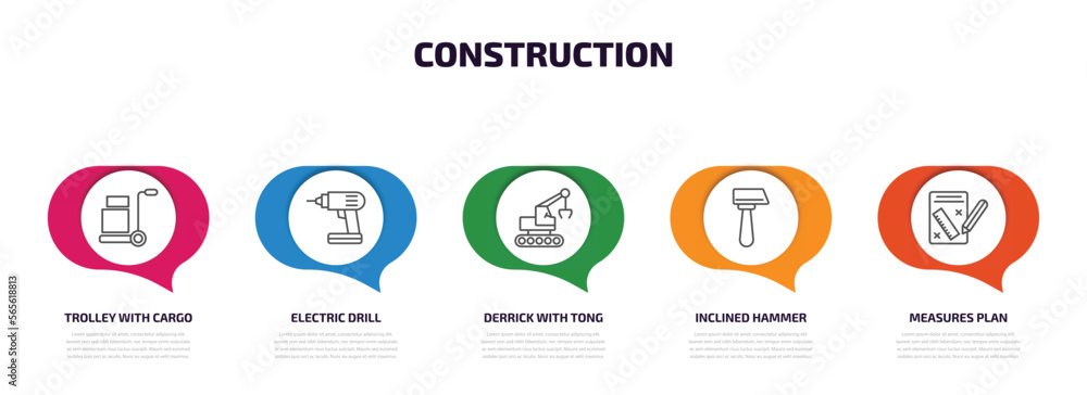 Poster construction infographic element with outline icons and 5 step or option. construction icons such as