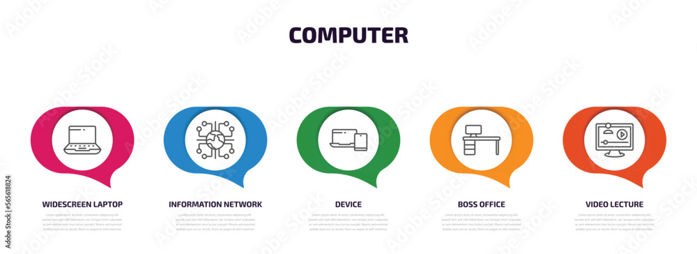 Poster computer infographic element with outline icons and 5 step or option. computer icons such as widescr