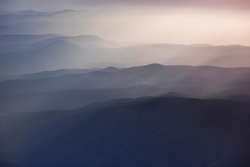 foggy mountains at sunrise. Mountain silhouettes, mountain ranges. Rize, Turkey