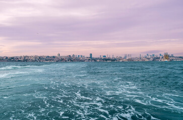 Istanbul, Turkey, 01.20.2023: Bosphorus and Istanbul skyline at sunset. Sunset landscapes. Turkey's...