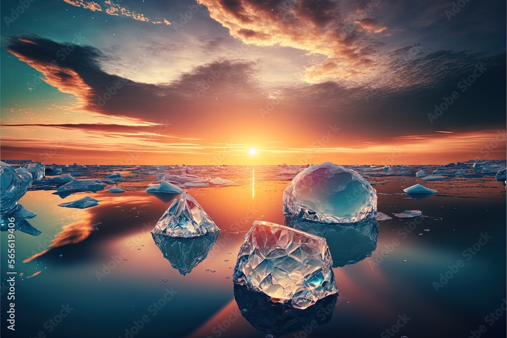 Poster a sunset over a body of water with icebergs floating in it and a sun setting in the sky above the wa