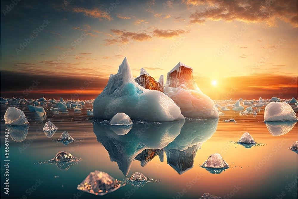 Aufkleber a painting of icebergs floating in the water at sunset with the sun setting behind them and a few ic