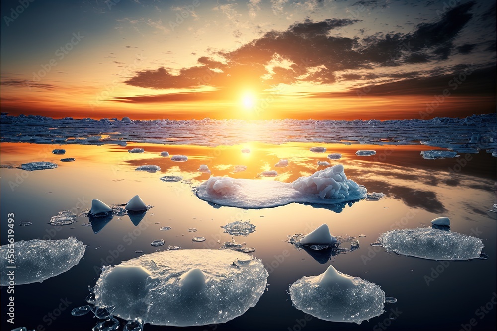 Aufkleber a sunset over a body of water with icebergs floating in it and a sun setting in the background with 