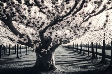 Blooming Apple tree, spring summer Sunny background, duotone style - generative ai