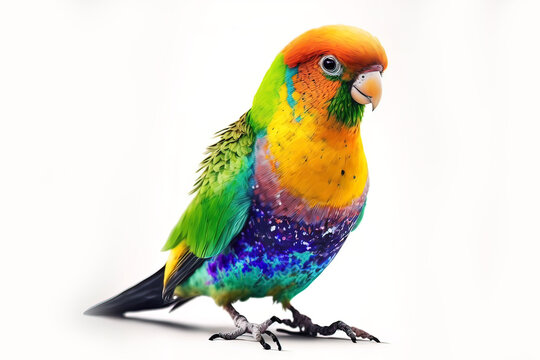 Multicolored tropical and exotic small birds on a white isolated background. AI