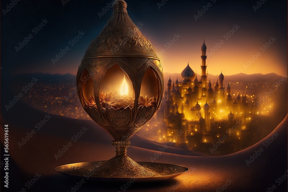 Poster a golden vase with a glowing light inside of it on a table in front of a cityscape at night time wit