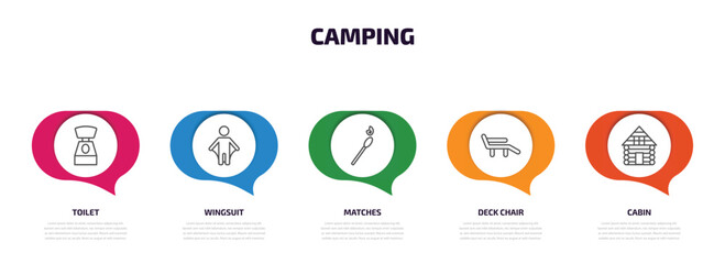 camping infographic element with outline icons and 5 step or option. camping icons such as toilet, wingsuit, matches, deck chair, cabin vector.