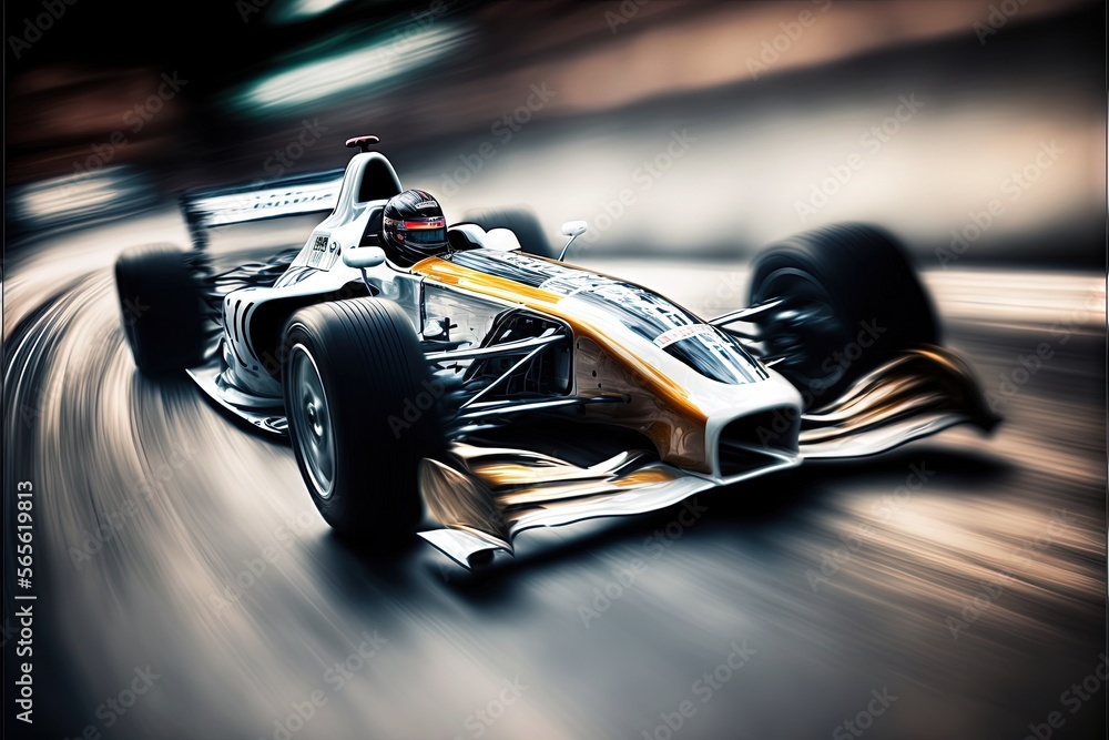 Poster a racing car speeding down a track in motion with blurry background and a blurry background to the l