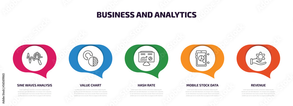 Poster business and analytics infographic element with outline icons and 5 step or option. business and ana