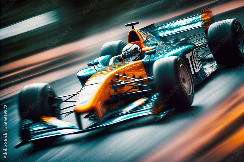 Poster a racing car driving down a track with blurry background and a blurry background behind it, with a b