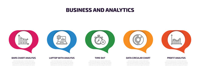 business and analytics infographic element with outline icons and 5 step or option. business and analytics icons such as bars chart analysis, laptop with analysis, time out, data circular chart,