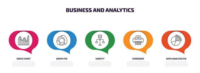 business and analytics infographic element with outline icons and 5 step or option. business and analytics icons such as wave chart, graph pie, variety, shredder, data analysis pie chart vector.