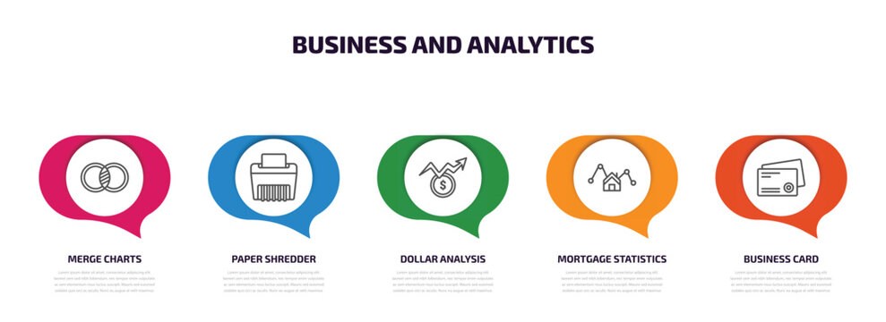 Business And Analytics Infographic Element With Outline Icons And 5 Step Or Option. Business And Analytics Icons Such As Merge Charts, Paper Shredder, Dollar Analysis Bars, Mortgage Statistics,