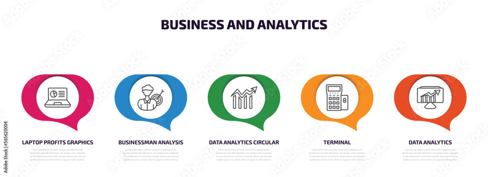 Poster business and analytics infographic element with outline icons and 5 step or option. business and ana