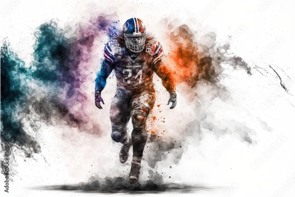 Poster a football player running with a colorful background behind him and a white background behind him wi