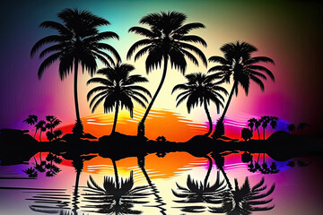 Naklejka na ściany i meble Night neon landscape with palm trees, night background, 90s, retro style, Bright multi-colored neon, seascape. AI