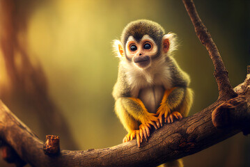 Obraz premium Nature photography of exotic animals, adorable little squirrel monkey in a tree, background/wallpaper/desktop, generative ai