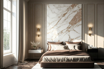 Beautiful luxurious large bedroom and window delicate beige colors milk, brown, Generative AI