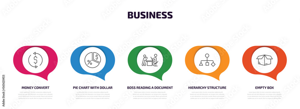 Poster business infographic element with outline icons and 5 step or option. business icons such as money c