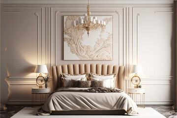 Luxurious large bedroom with delicate beige colors, Generative AI