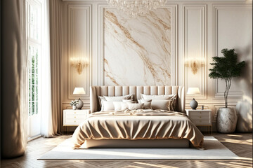 Luxurious large bedroom and window delicate beige colors milk, brown, Generative AI