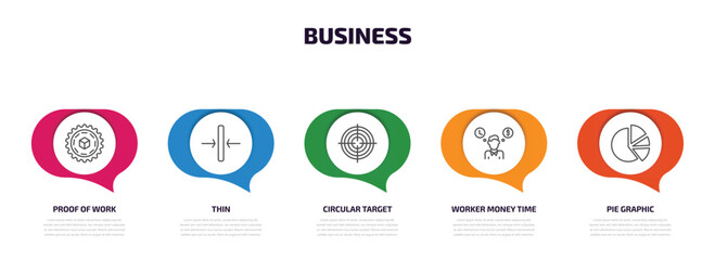 business infographic element with outline icons and 5 step or option. business icons such as proof of work, thin, circular target, worker money time, pie graphic vector.