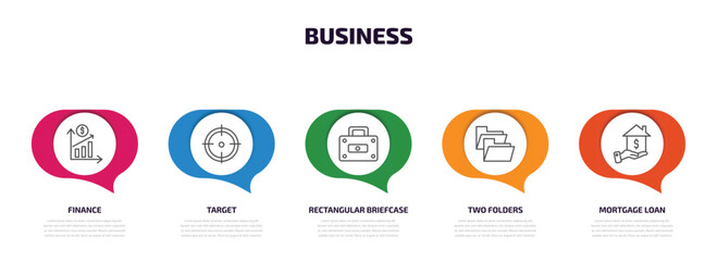 business infographic element with outline icons and 5 step or option. business icons such as finance, target, rectangular briefcase, two folders, mortgage loan vector.
